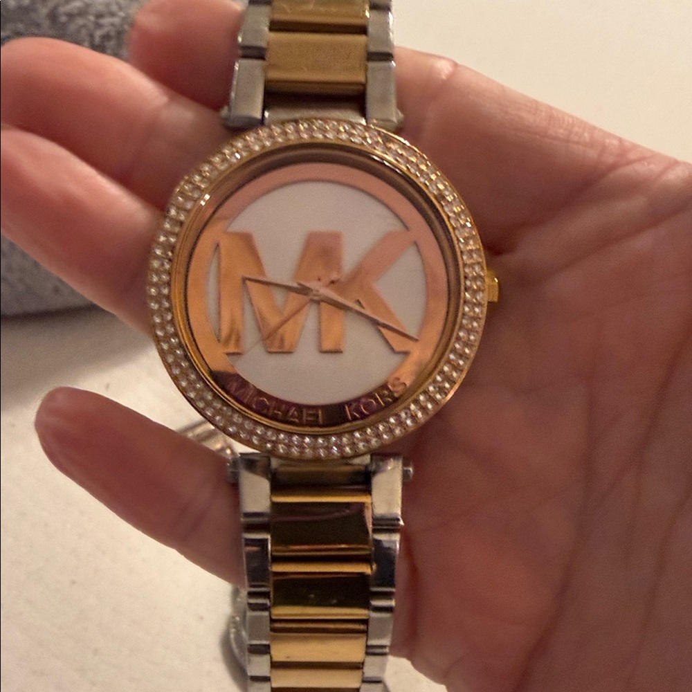 Michael Kors Two-Tone Gold and Silver MK Logo Crystal Watch